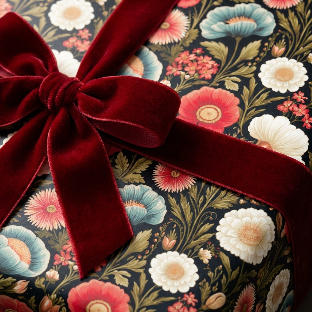 Dark vintage floral wrapping paper with a red velvet bow, elegant luxury gift wrap by Wrapped Studios.
