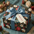 Luxury vintage floral gift wrap with a dusty blue satin bow and tag by Wrapped Studios.