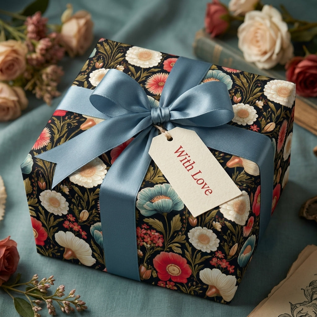 Luxury vintage floral gift wrap with a dusty blue satin bow and tag by Wrapped Studios.