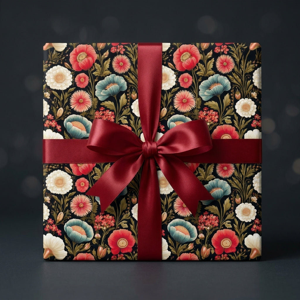 Luxury floral wrapping paper with dark vintage botanical print and red satin bow by Wrapped Studios.