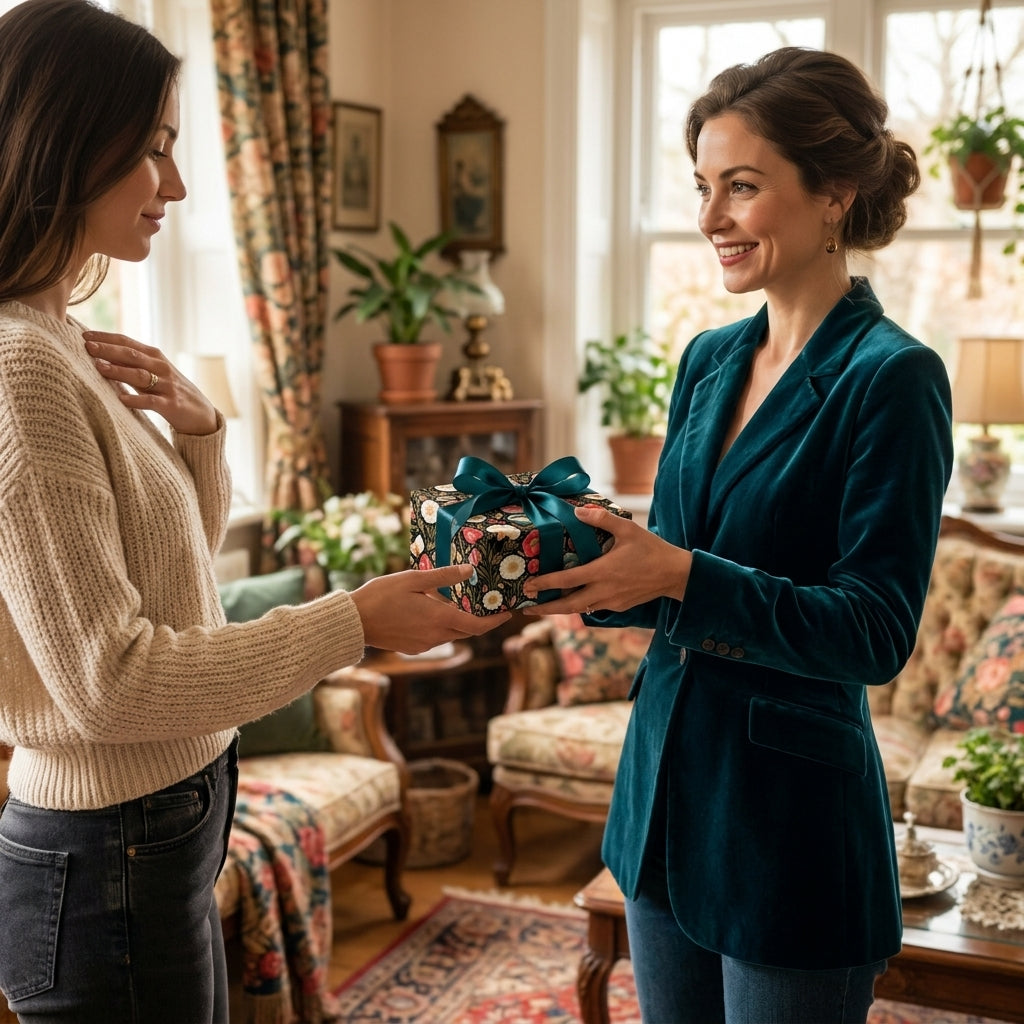 Woman exchanging a gift in luxury vintage floral wrapping paper by Wrapped Studios.