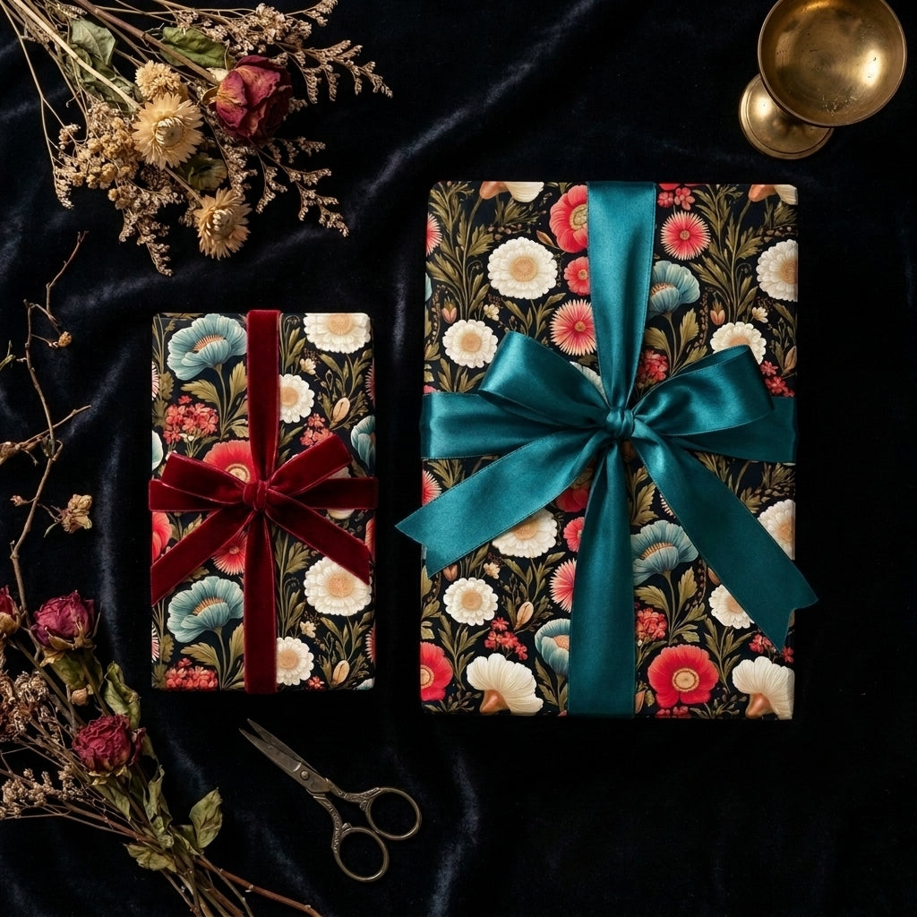 Moody vintage floral wrapping paper with luxury teal and red ribbons by Wrapped Studios.