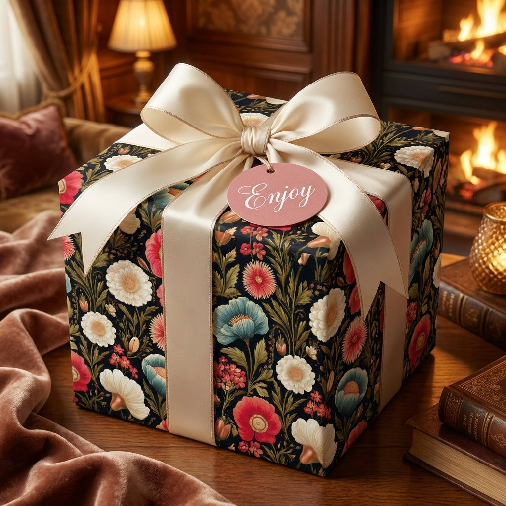 Luxury vintage floral wrapping paper from Wrapped Studios on a gift box with a cream satin bow.
