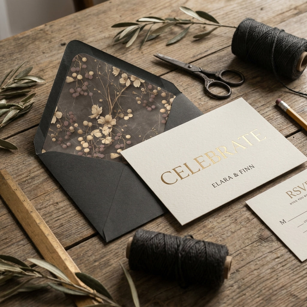 Elegant floral wedding invitation with gold foil and black botanical envelope liner by Wrapped Studios.