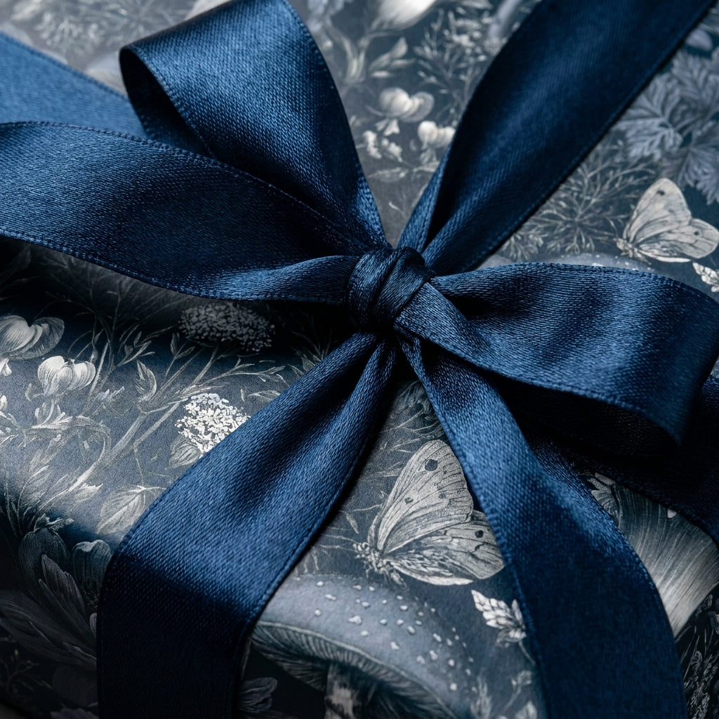 Moody botanical wrapping paper with mushrooms and butterflies, tied with navy satin ribbon by Wrapped Studios.