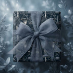 Moody botanical mushroom wrapping paper with a dusty blue chiffon bow by Wrapped Studios.