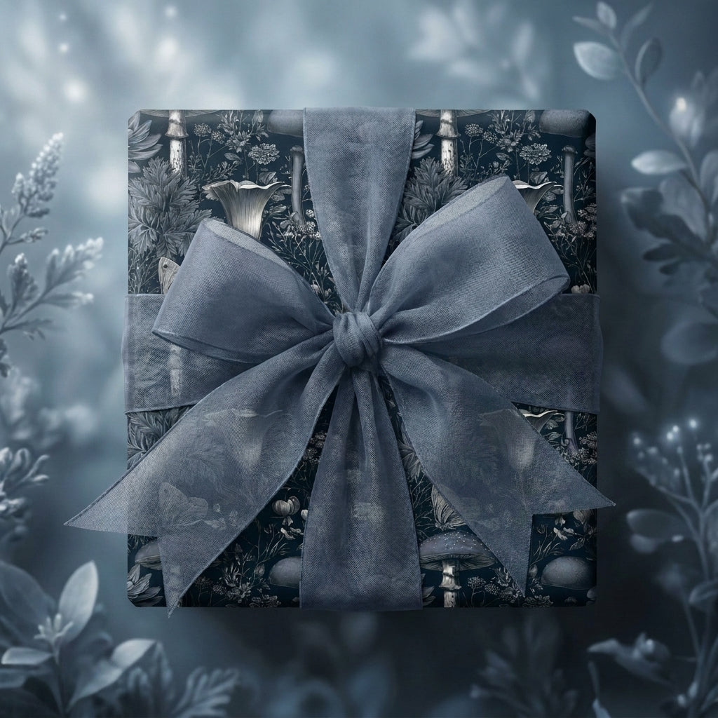 Moody botanical mushroom wrapping paper with a dusty blue chiffon bow by Wrapped Studios.