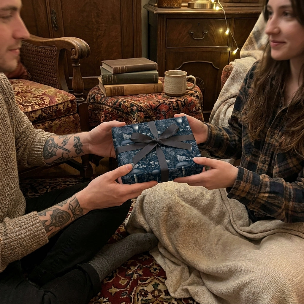 Couple exchanging a gift in vintage mushroom wrapping paper with a grey bow by Wrapped Studios.
