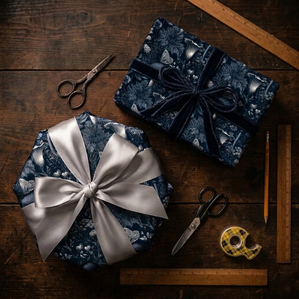 Luxury dark floral wrapping paper by Wrapped Studios on navy gifts with silver and blue velvet ribbons.