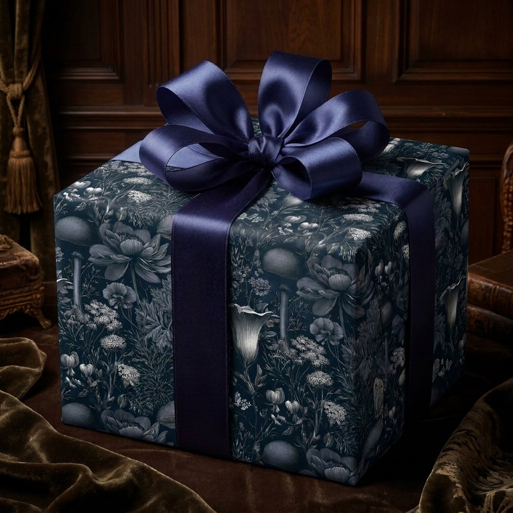 Luxury dark floral wrapping paper by Wrapped Studios on a gift box with a navy satin bow.