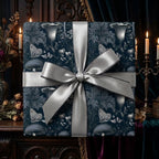 Gothic botanical wrapping paper with mushrooms and a silver satin ribbon by Wrapped Studios.