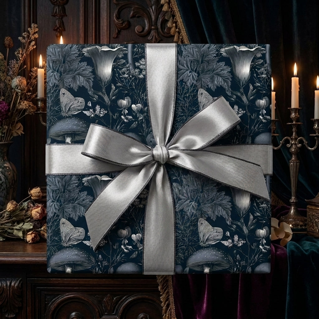 Gothic botanical wrapping paper with mushrooms and a silver satin ribbon by Wrapped Studios.