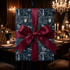 Luxury dark botanical mushroom wrapping paper with a burgundy satin bow by Wrapped Studios.