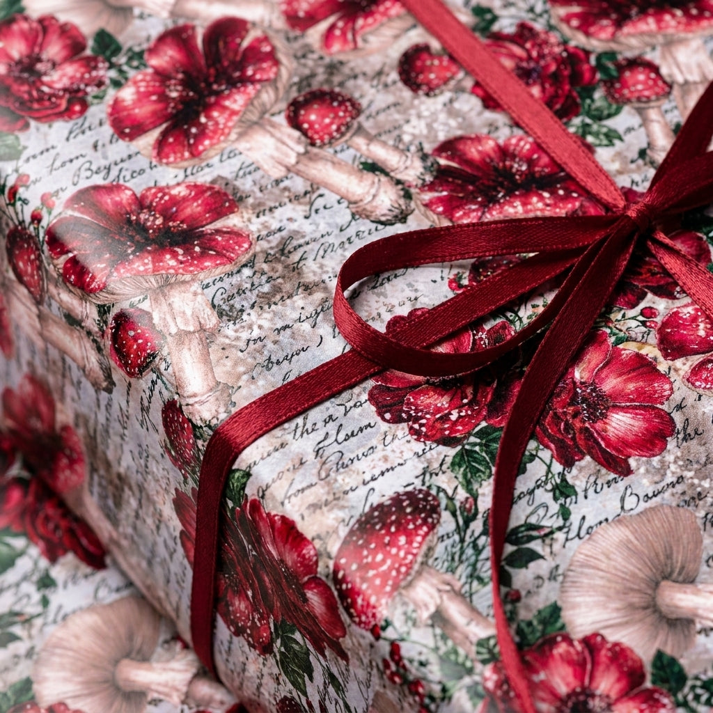 Vintage mushroom gift wrap by Wrapped Studios with cottagecore botanical pattern and a red satin bow.