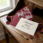 Autumn wedding invitation with vintage mushroom envelope liner by Wrapped Studios on a rustic desk.