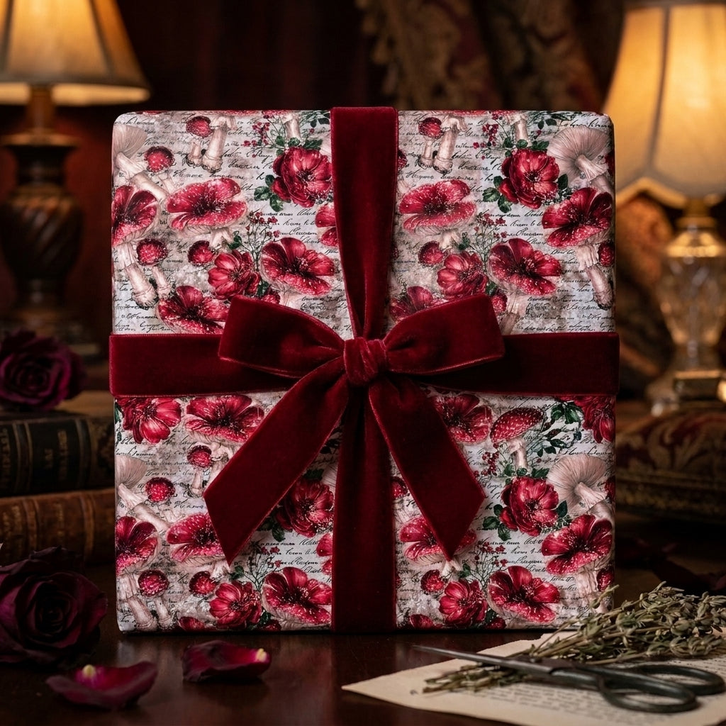 Cottagecore mushroom wrapping paper with red velvet ribbon. Luxury vintage gift wrap by Wrapped Studios.
