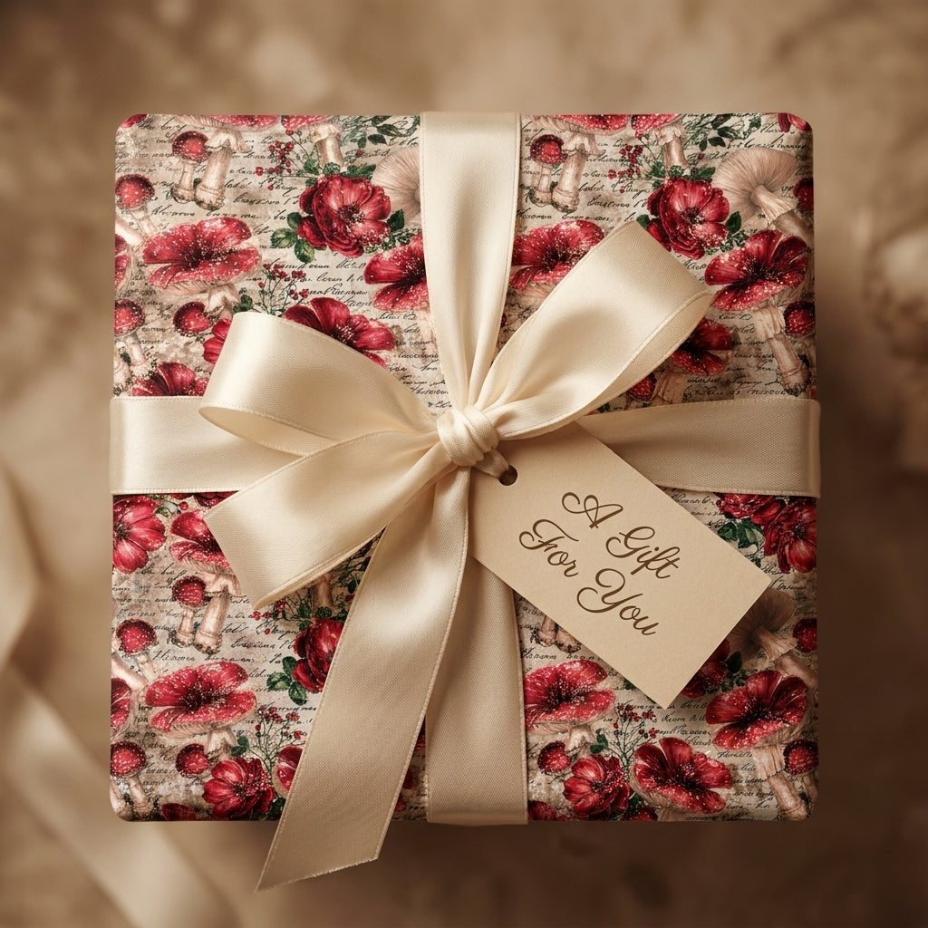Vintage mushroom wrapping paper with a cream satin bow and gift tag by Wrapped Studios.