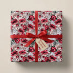 Cottagecore mushroom wrapping paper with red ribbon on gift box, vintage holiday gift wrap by Wrapped Studios.