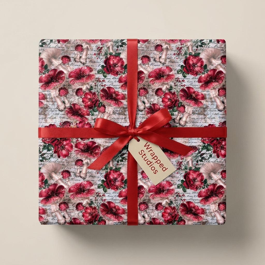 Cottagecore mushroom wrapping paper with red ribbon on gift box, vintage holiday gift wrap by Wrapped Studios.