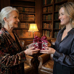 Two women exchange a gift in luxury floral wrapping paper with a burgundy bow, by Wrapped Studios.