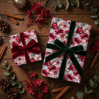 Vintage mushroom wrapping paper with velvet bows on rustic Christmas gifts by Wrapped Studios.