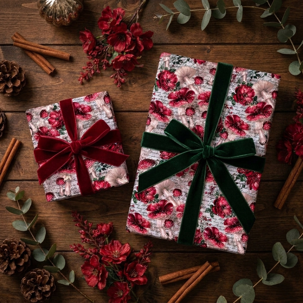 Vintage mushroom wrapping paper with velvet bows on rustic Christmas gifts by Wrapped Studios.