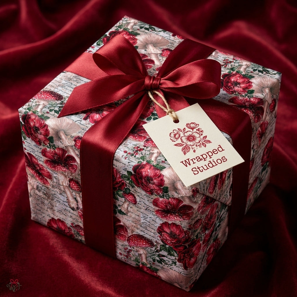 Vintage mushroom wrapping paper with a luxury burgundy ribbon and gift tag by Wrapped Studios.
