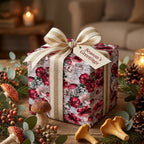 Vintage botanical Christmas wrapping paper with red florals and mushrooms by Wrapped Studios.