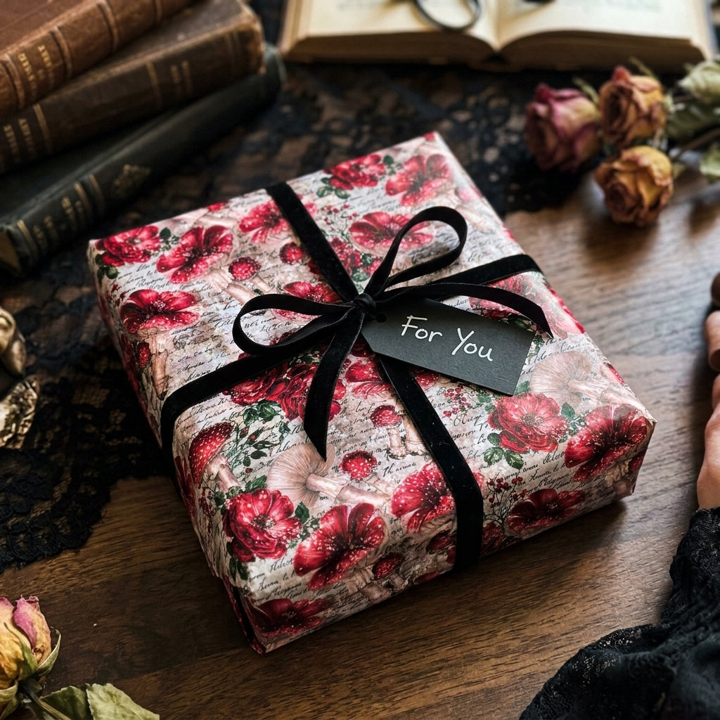 Vintage botanical wrapping paper with red flowers and mushrooms by Wrapped Studios, tied with a black ribbon.