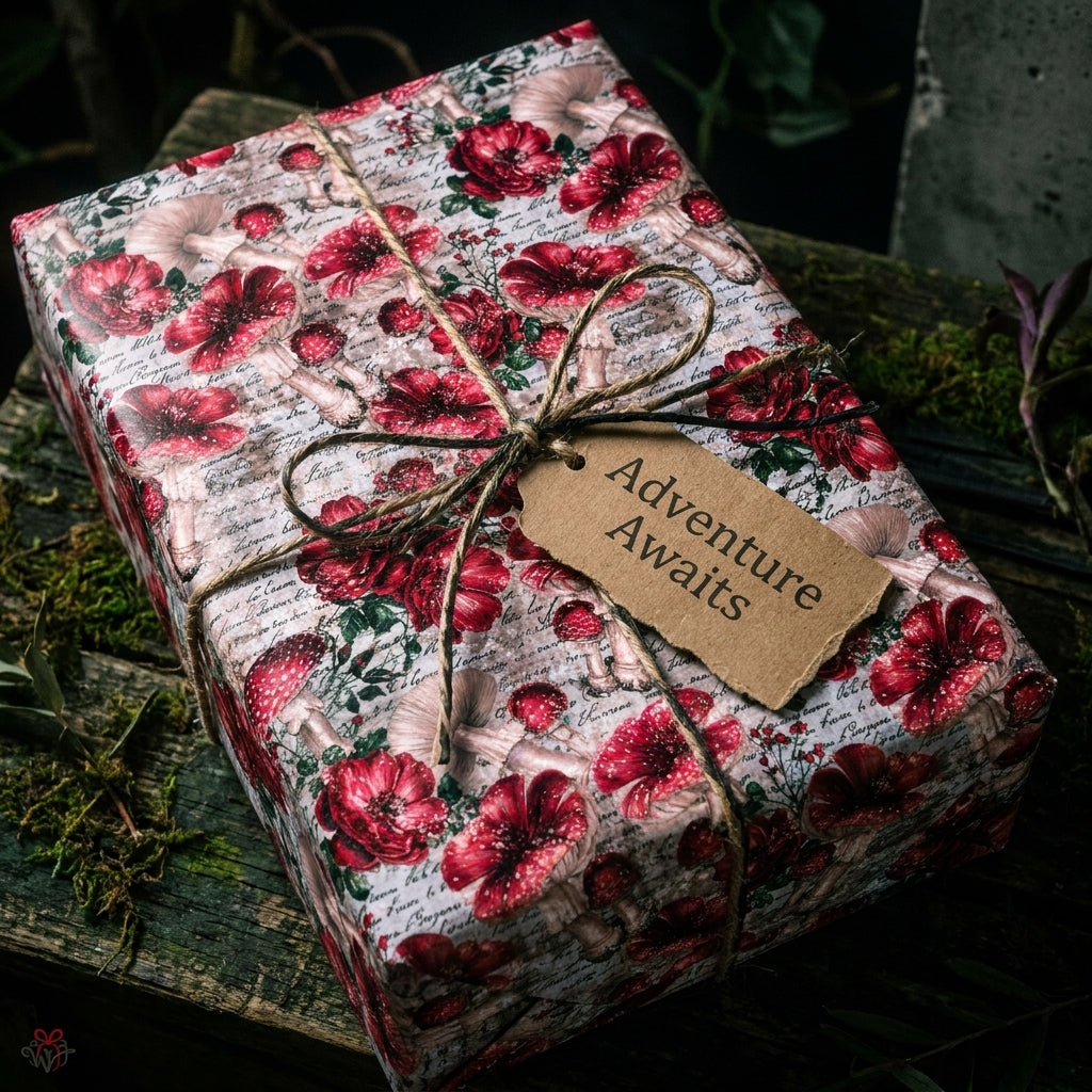 Vintage mushroom wrapping paper by Wrapped Studios on a rustic gift box with an Adventure Awaits tag.