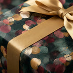Luxury green and gold botanical wrapping paper by Wrapped Studios, tied with a gold satin ribbon.