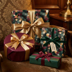 Luxury botanical gift wrap and gold ribbons on elegant holiday gift boxes by Wrapped Studios.
