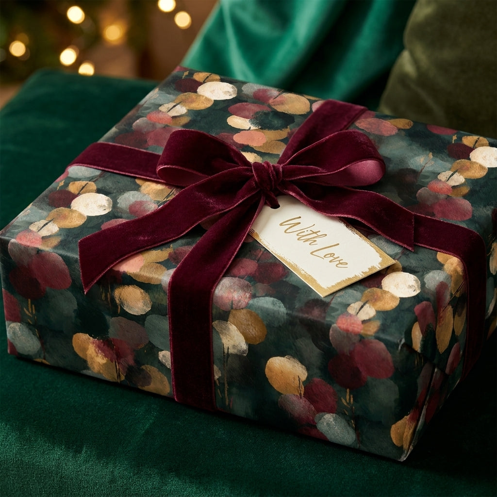Luxury Christmas wrapping paper with botanical leaf pattern and burgundy velvet ribbon by Wrapped Studios.
