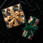 Luxury Christmas wrapping paper with gold watercolor dots and velvet bows by Wrapped Studios.