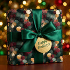 Luxury Christmas gift wrap with green botanical pattern, satin bow and holiday tag by Wrapped Studios.