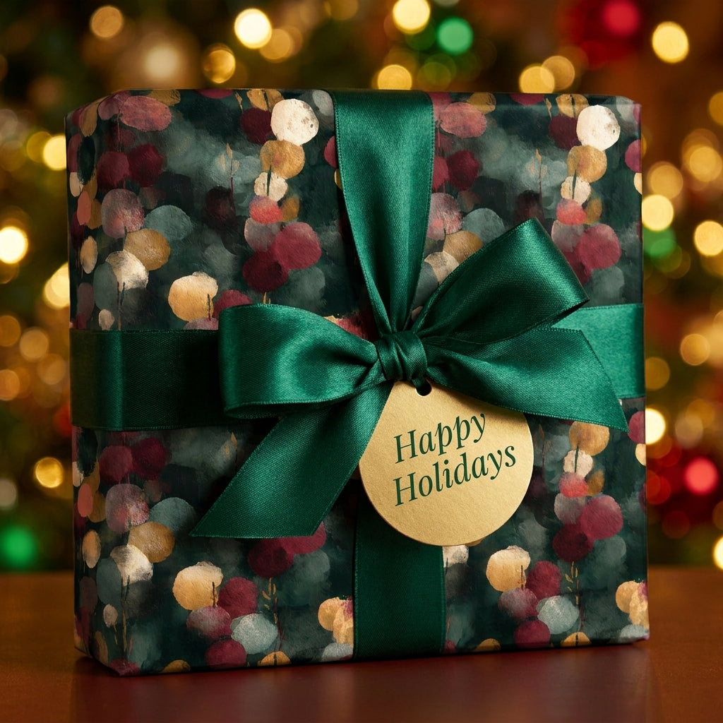 Luxury Christmas gift wrap with green botanical pattern, satin bow and holiday tag by Wrapped Studios.