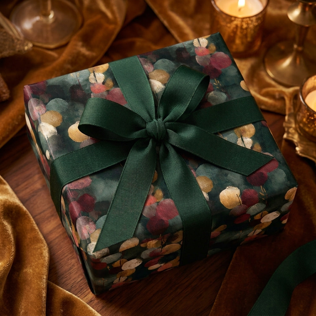 Luxury botanical Christmas wrapping paper with green ribbon by Wrapped Studios.