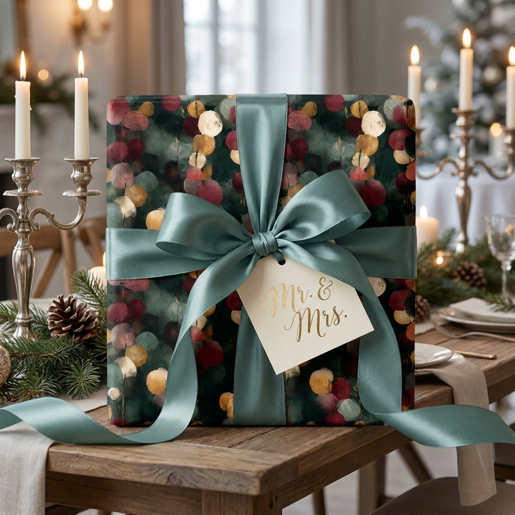 Luxury wedding wrapping paper with sage satin ribbon and Mr. & Mrs. tag by Wrapped Studios.