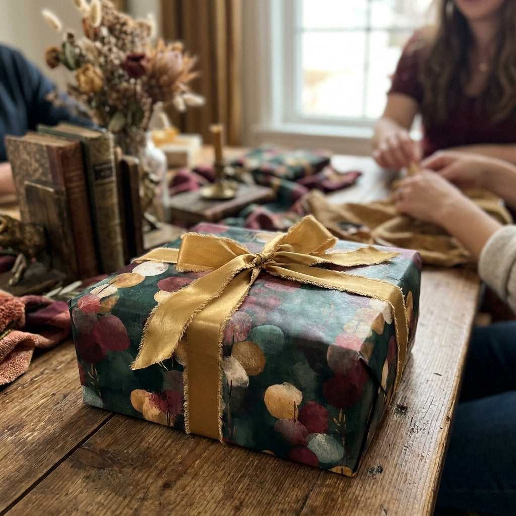 Luxury floral wrapping paper in teal and gold with a silk ribbon on a rustic table by Wrapped Studios.