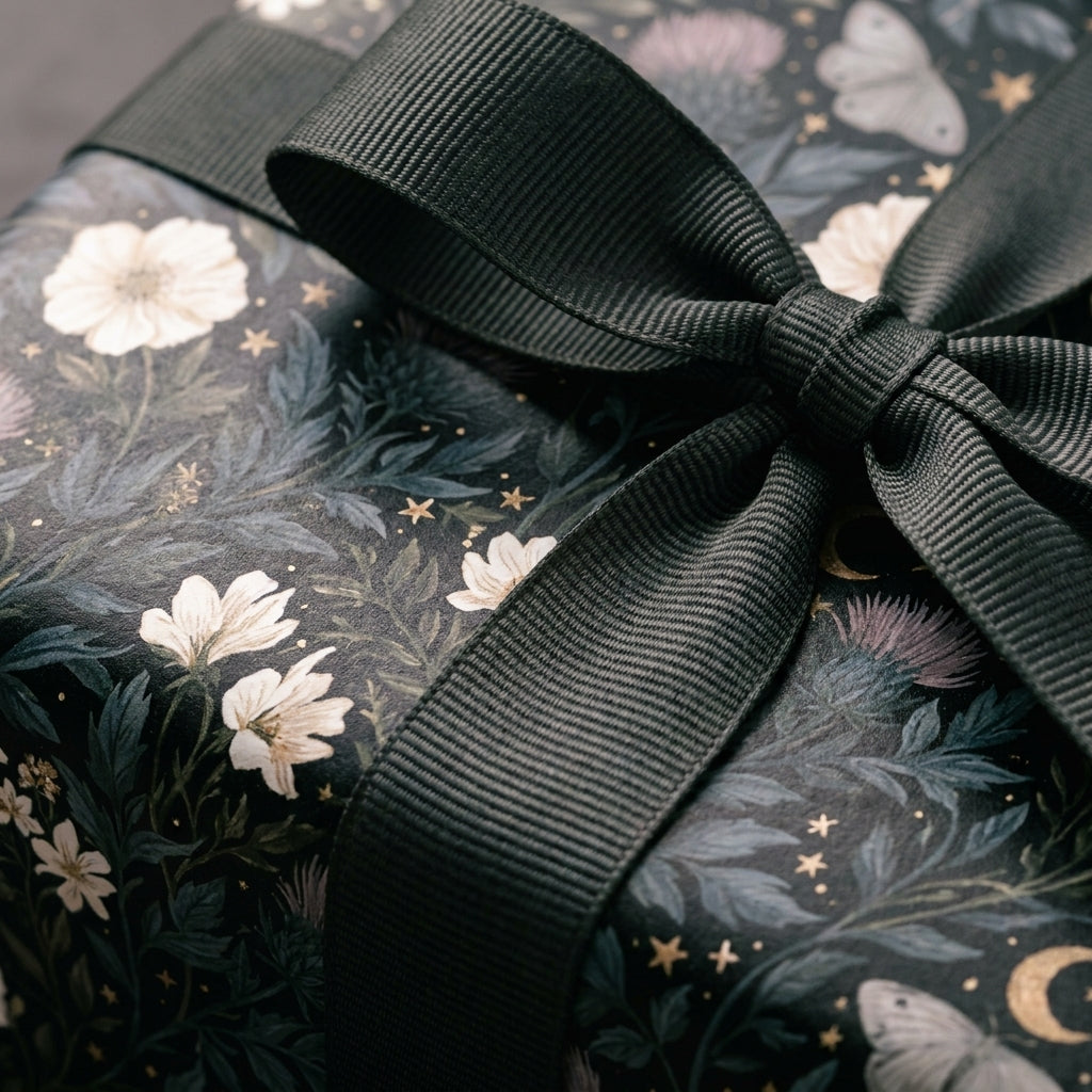 Luxury dark floral wrapping paper with celestial moths and a green ribbon by Wrapped Studios.