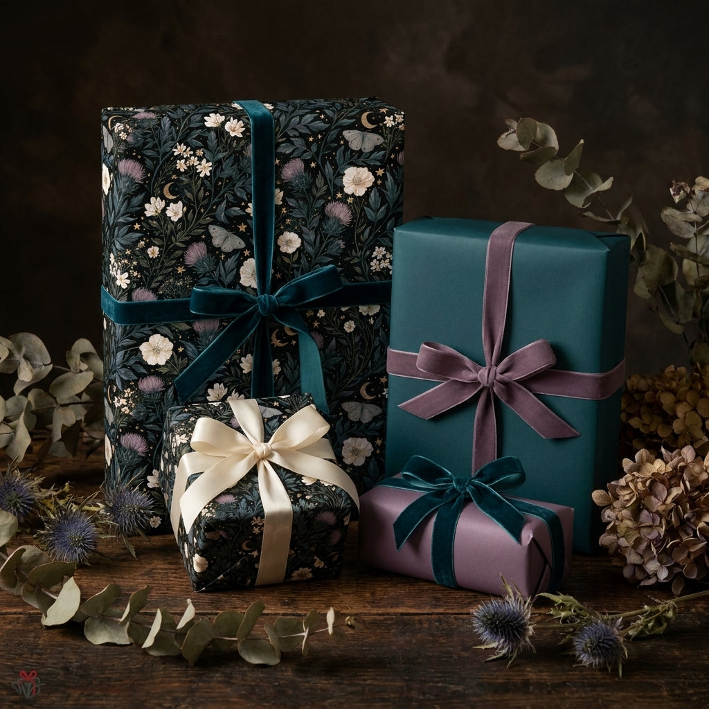 Moody dark botanical floral wrapping paper and luxury gift wrap with velvet ribbons by Wrapped Studios.