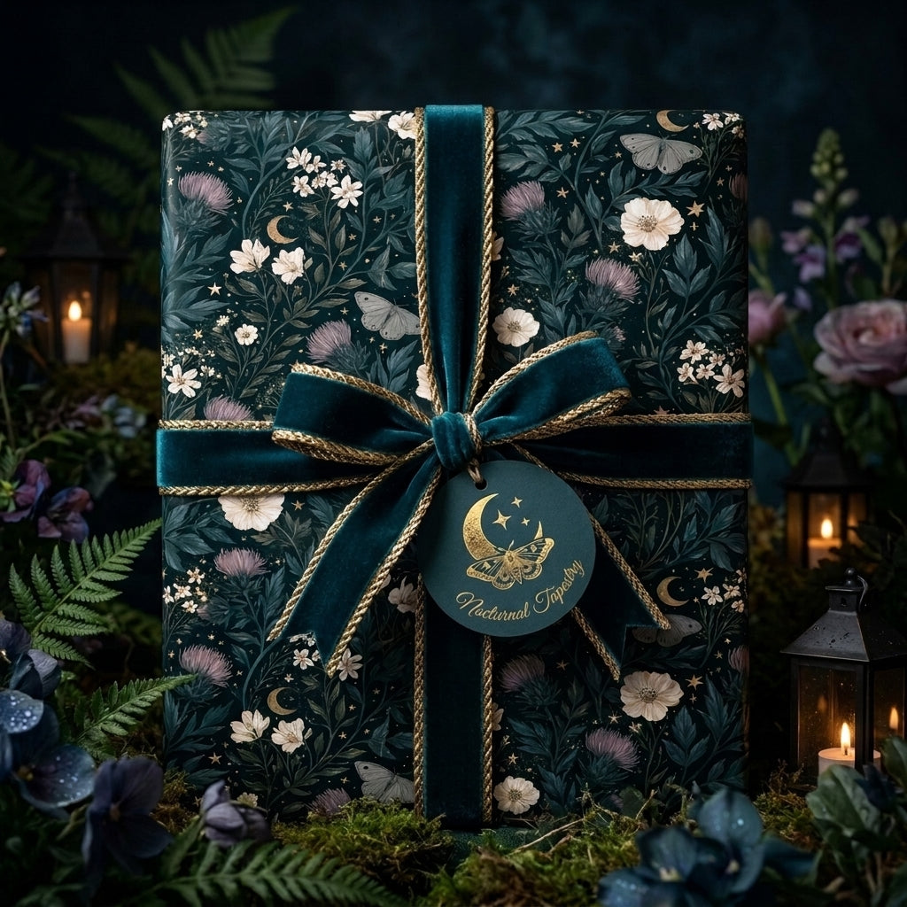 Dark floral wrapping paper with a luxury teal velvet bow and celestial pattern by Wrapped Studios.