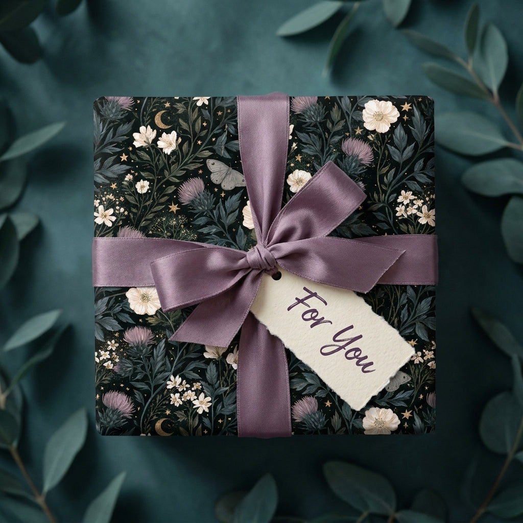 Luxury dark floral wrapping paper with a mauve satin bow and "For You" tag by Wrapped Studios.