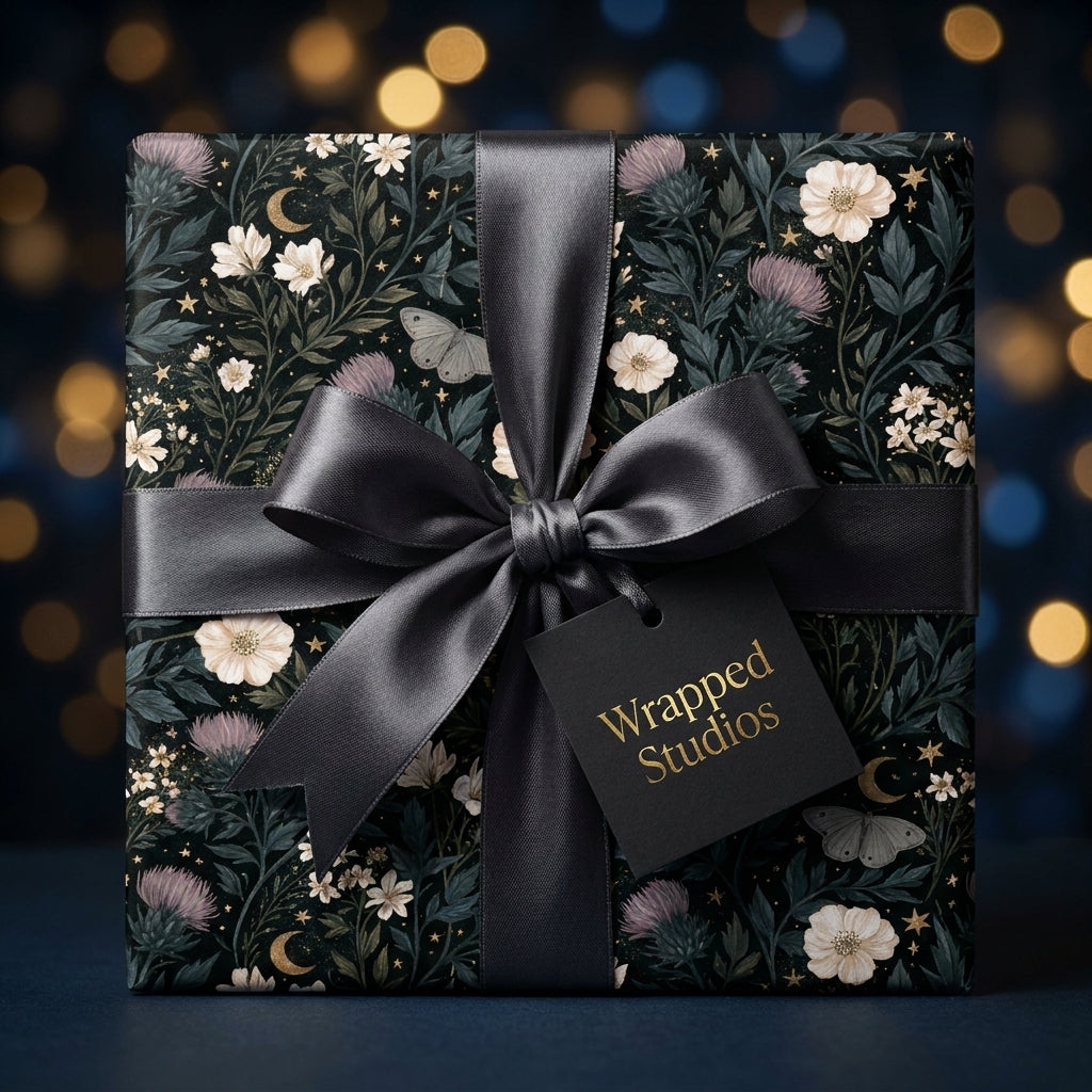 Luxury celestial floral wrapping paper by Wrapped Studios on a gift box with a dark grey satin bow.