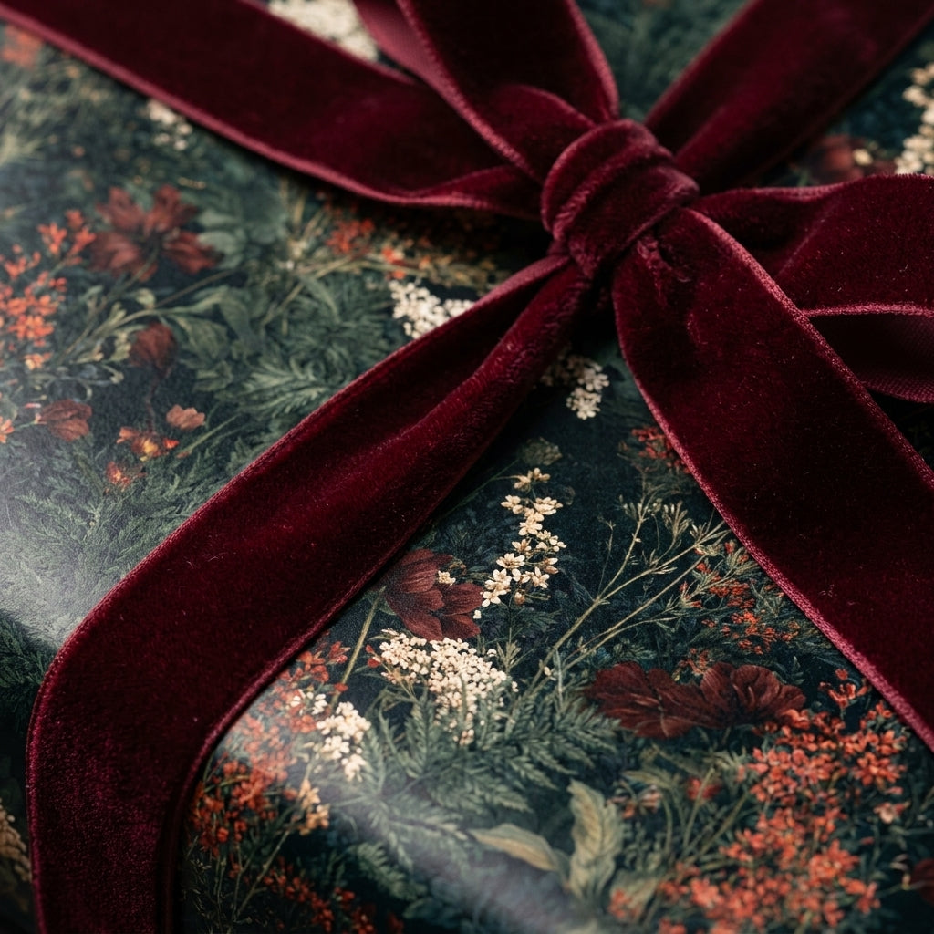 Luxury botanical floral wrapping paper with a burgundy velvet ribbon bow by Wrapped Studios.