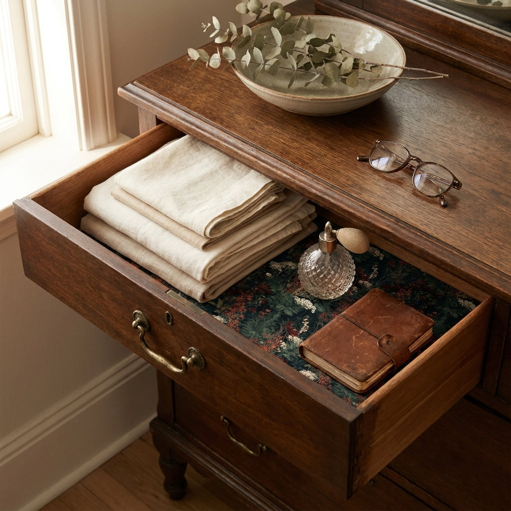 Vintage floral wrapping paper used as a botanical drawer liner by Wrapped Studios.