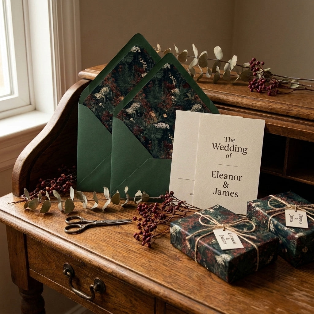 Forest green botanical wedding wrapping paper and matching invitations on a rustic desk by Wrapped Studios.