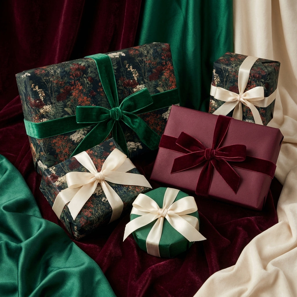 Moody floral wrapping paper and luxury holiday gift wrap with velvet ribbons by Wrapped Studios.