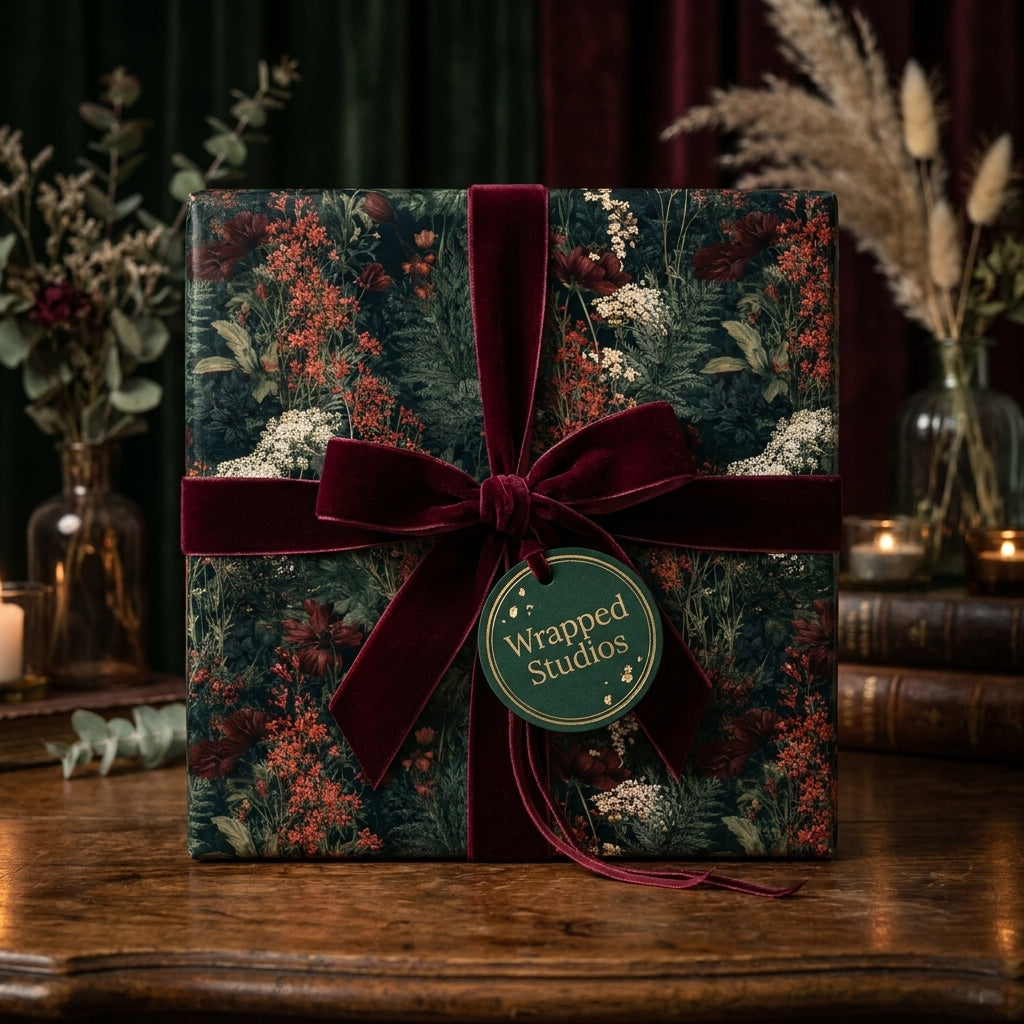 Luxury dark floral wrapping paper with a burgundy velvet bow on a gift box, by Wrapped Studios.