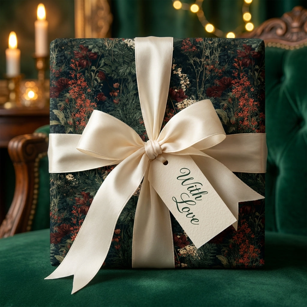 Luxury dark floral wrapping paper with a cream satin bow and gift tag by Wrapped Studios.